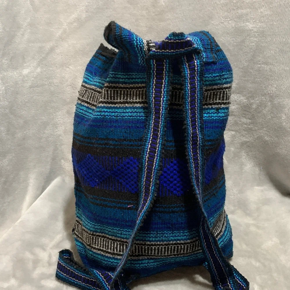 Lillo Woven Drug Rug Backpack Blue Black Striped Boho Drawstring Rucksack‎